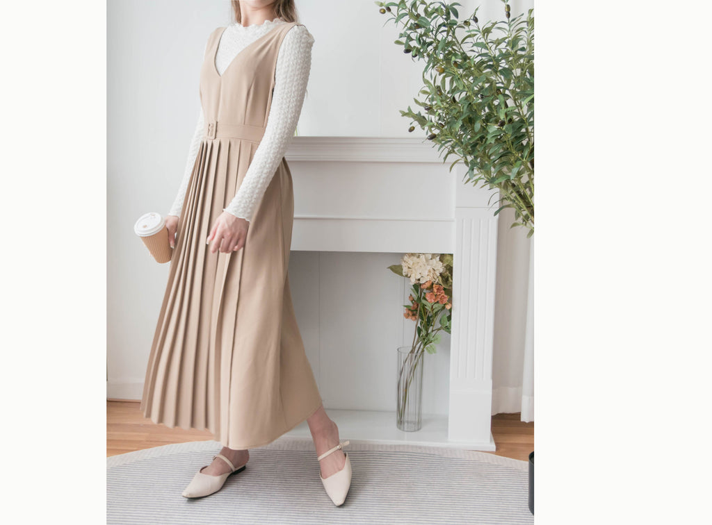 Jasmine Pleated 不經意的氣質V領雪紡前百褶飄飄背心裙, Dress/ DS9363