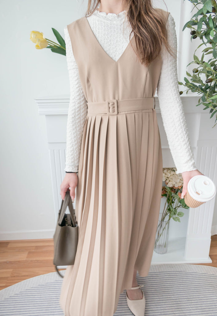 Jasmine Pleated 不經意的氣質V領雪紡前百褶飄飄背心裙, Dress/ DS9363