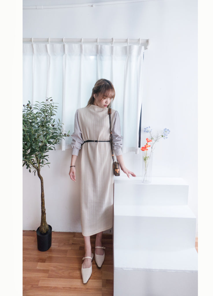 Stripe Shirt 氣質寬鬆小高領背心拼條紋手袖(連腰帶) , Dress/ DS9360