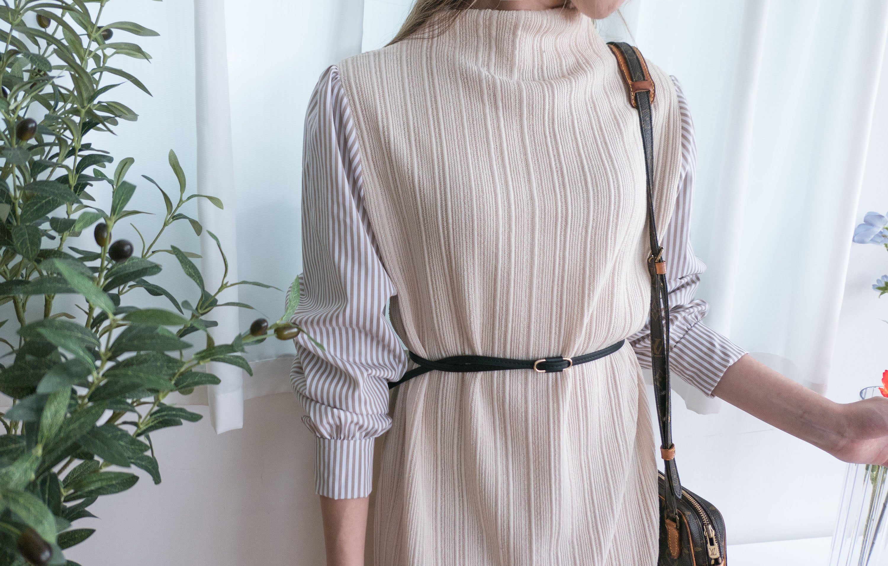 Stripe Shirt 氣質寬鬆小高領背心拼條紋手袖(連腰帶) , Dress/ DS9360