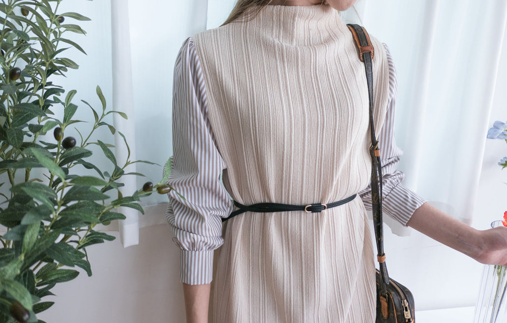 Stripe Shirt 氣質寬鬆小高領背心拼條紋手袖(連腰帶) , Dress/ DS9360