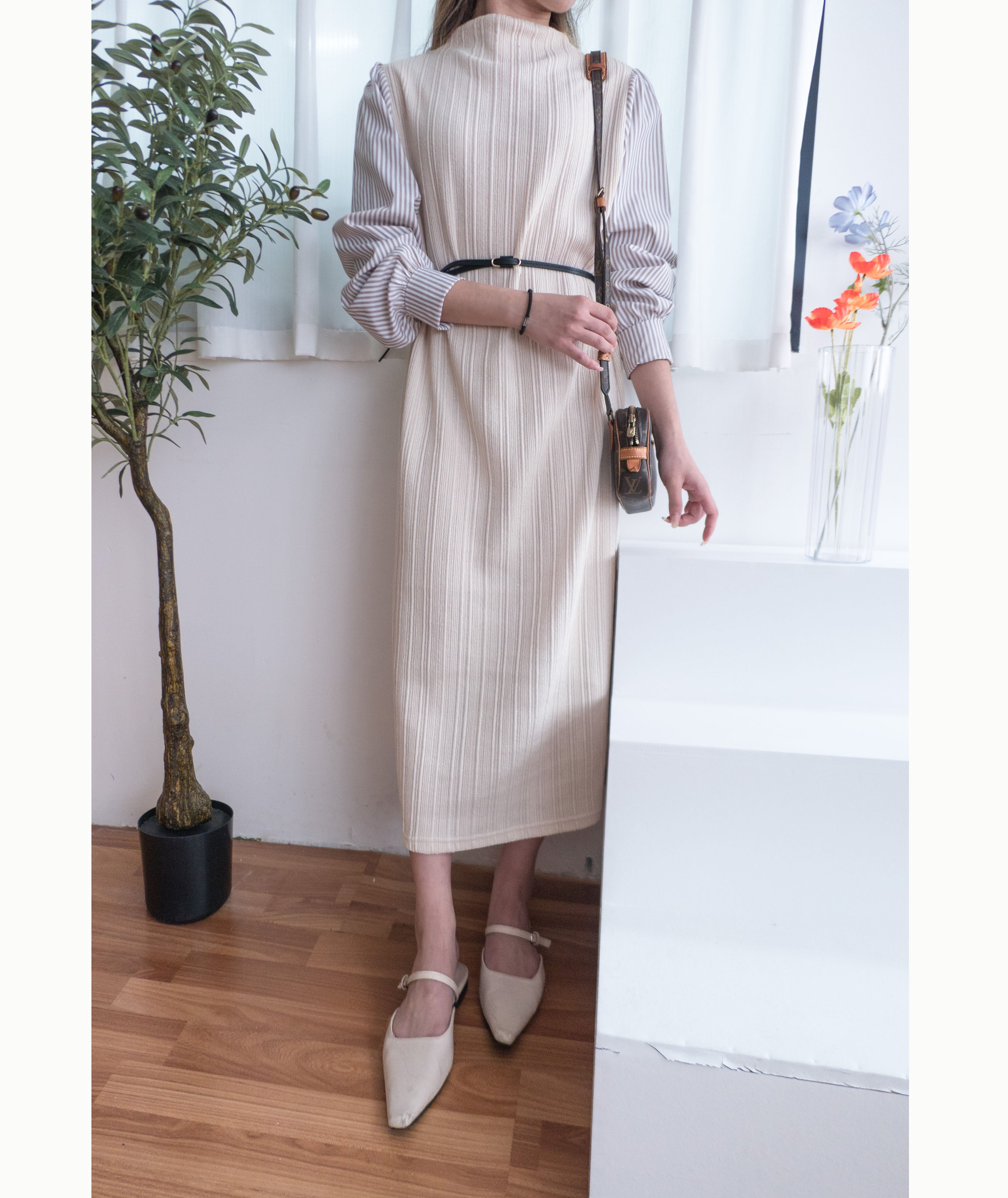 Stripe Shirt 氣質寬鬆小高領背心拼條紋手袖(連腰帶) , Dress/ DS9360