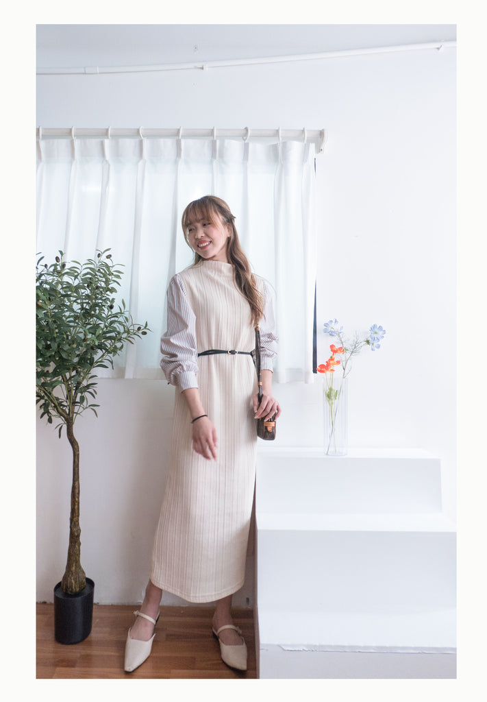 Stripe Shirt 氣質寬鬆小高領背心拼條紋手袖(連腰帶) , Dress/ DS9360
