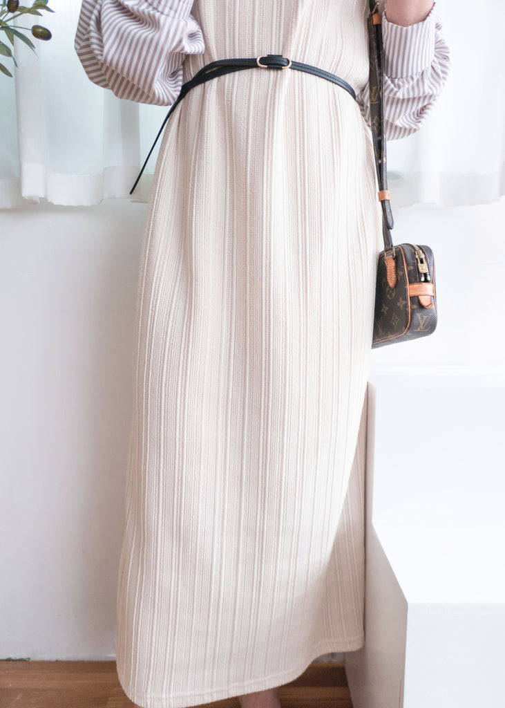 Stripe Shirt 氣質寬鬆小高領背心拼條紋手袖(連腰帶) , Dress/ DS9360