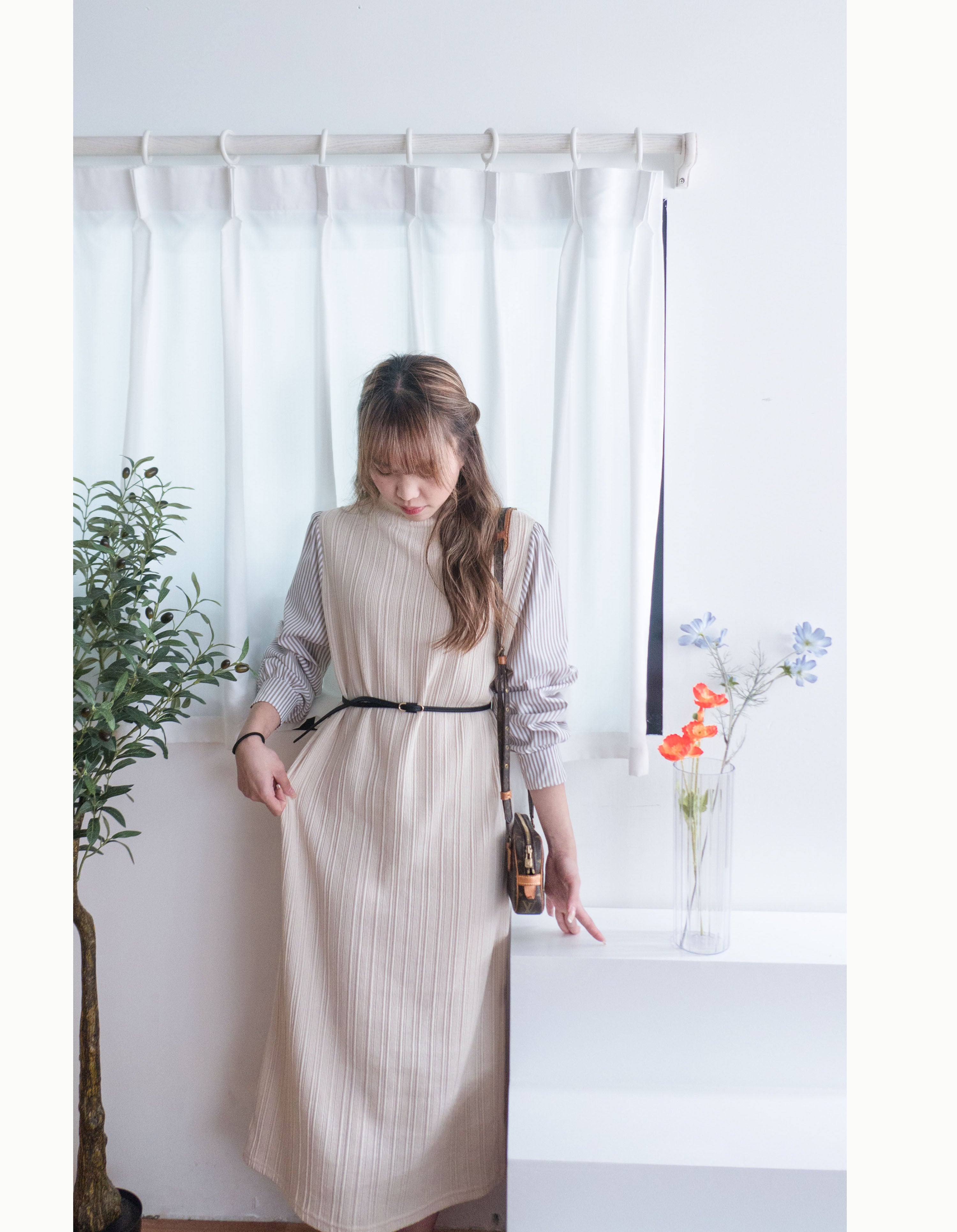 Stripe Shirt 氣質寬鬆小高領背心拼條紋手袖(連腰帶) , Dress/ DS9360