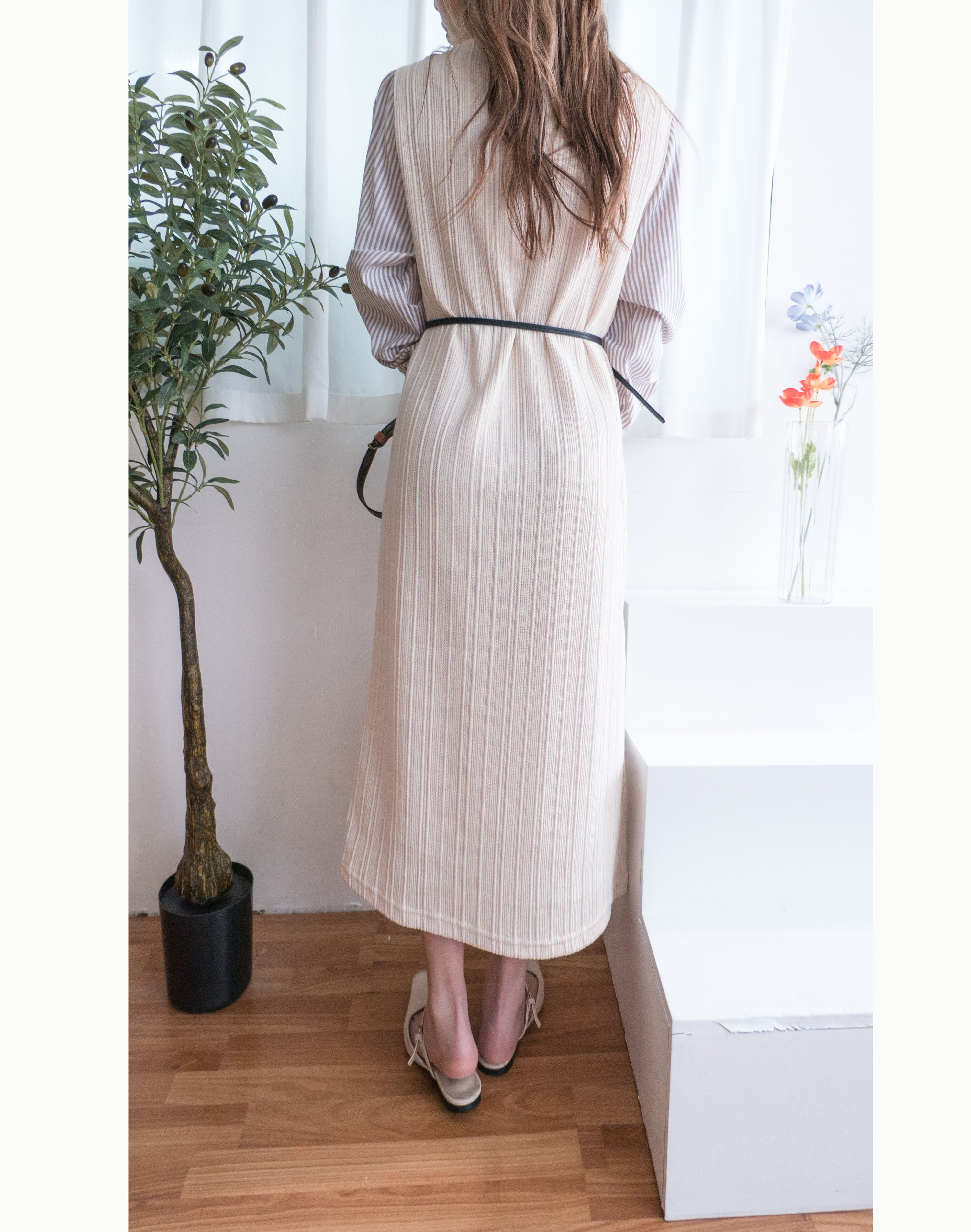 Stripe Shirt 氣質寬鬆小高領背心拼條紋手袖(連腰帶) , Dress/ DS9360