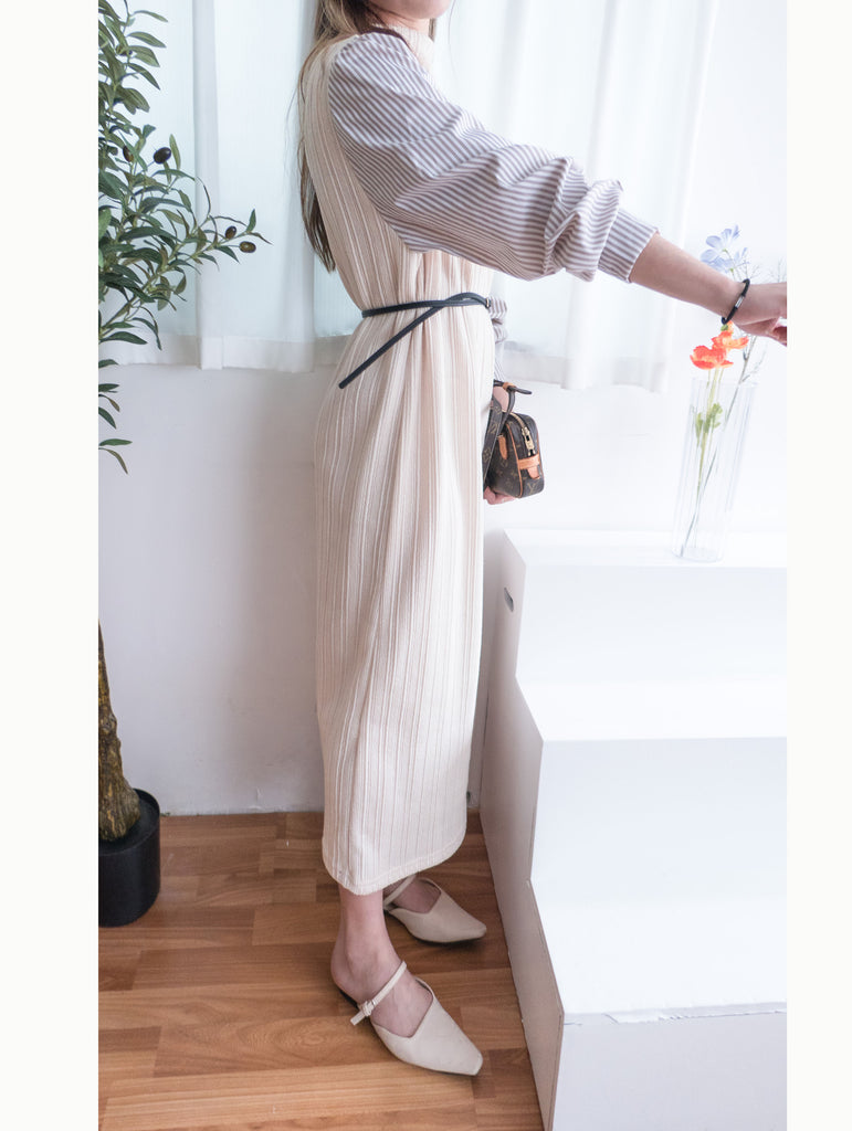 Stripe Shirt 氣質寬鬆小高領背心拼條紋手袖(連腰帶) , Dress/ DS9360