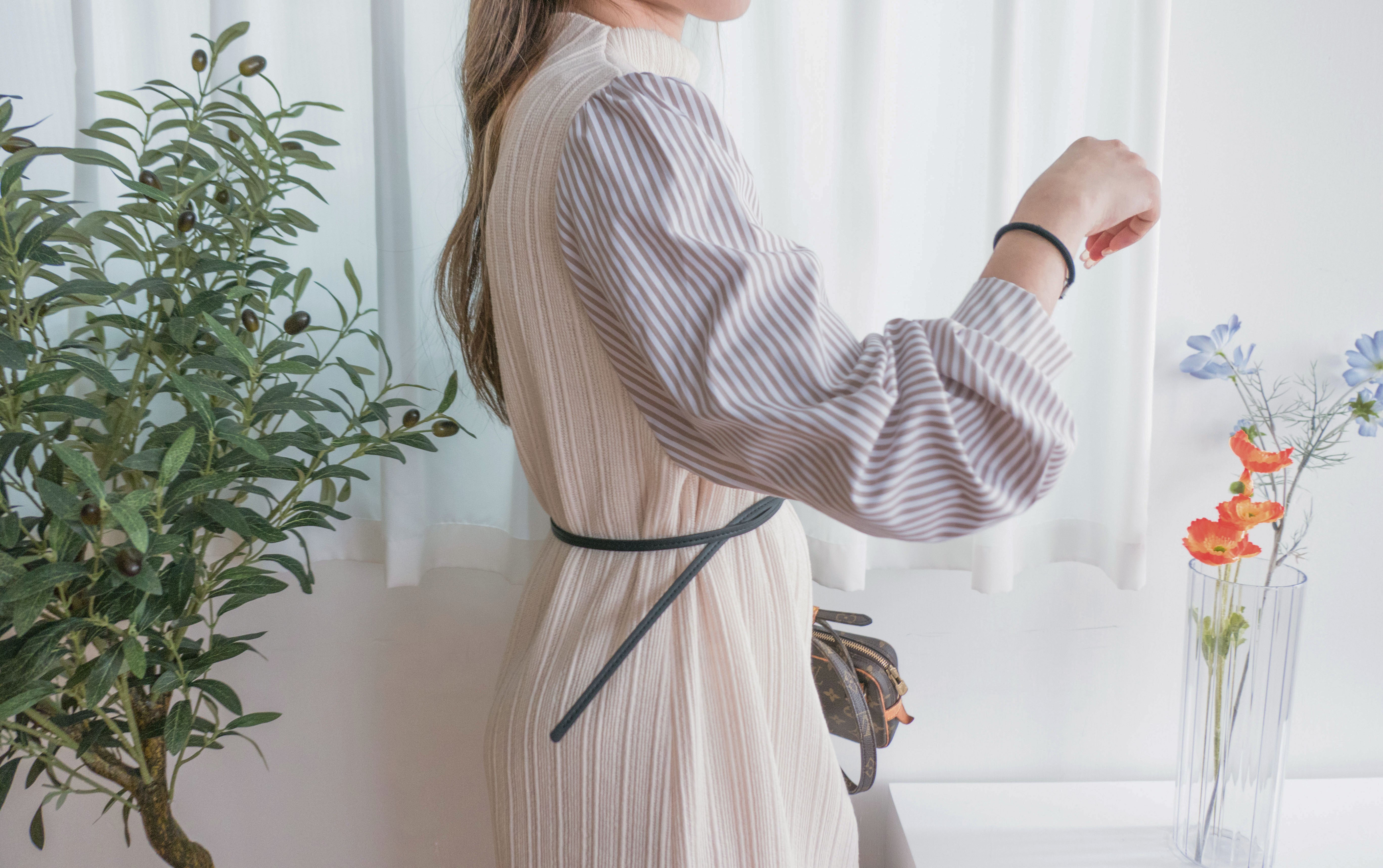 Stripe Shirt 氣質寬鬆小高領背心拼條紋手袖(連腰帶) , Dress/ DS9360