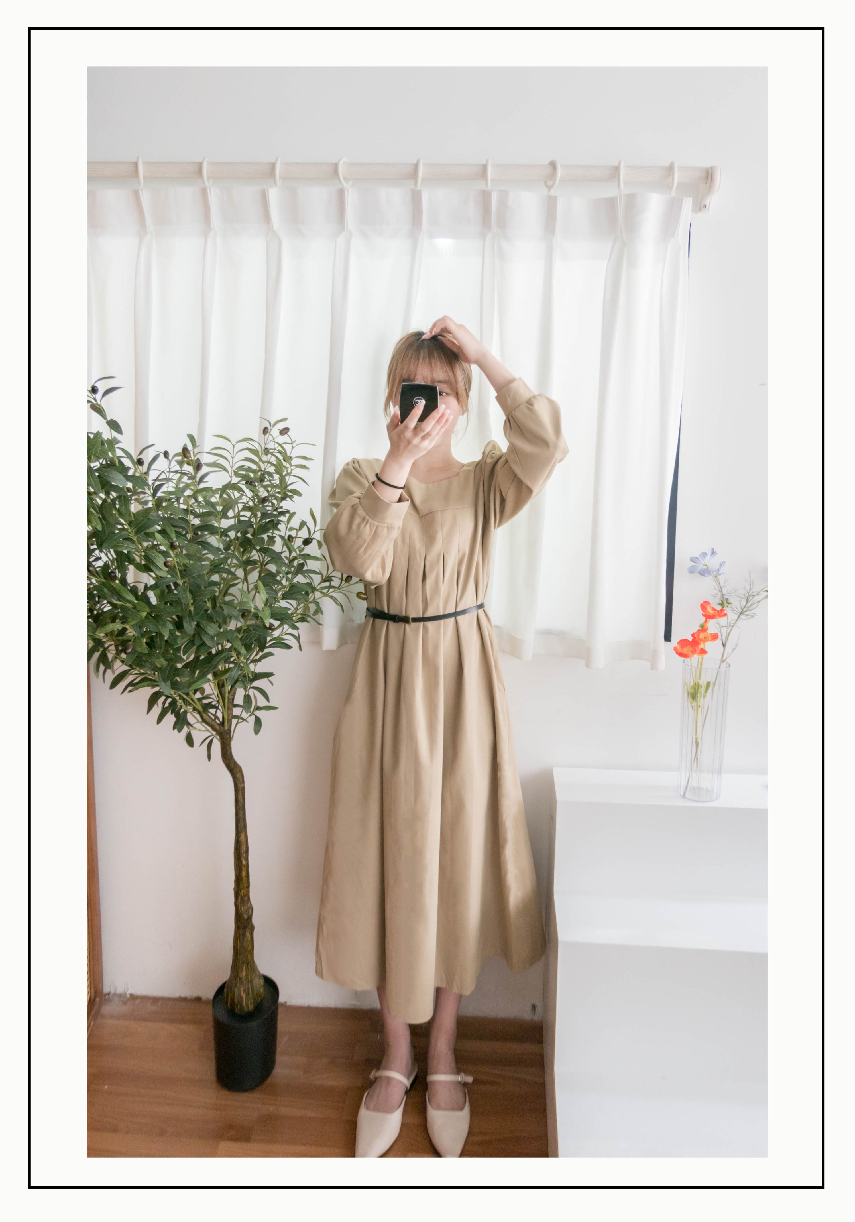 Square Pleated 杏色前後方領車褶裙身口袋連身裙, Dress/ DS9365