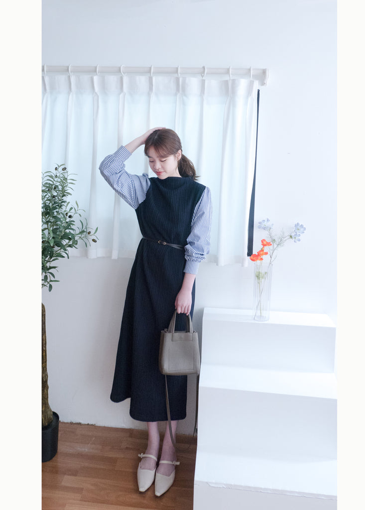 Stripe Shirt 氣質寬鬆小高領背心拼條紋手袖(連腰帶) , Dress/ DS9360