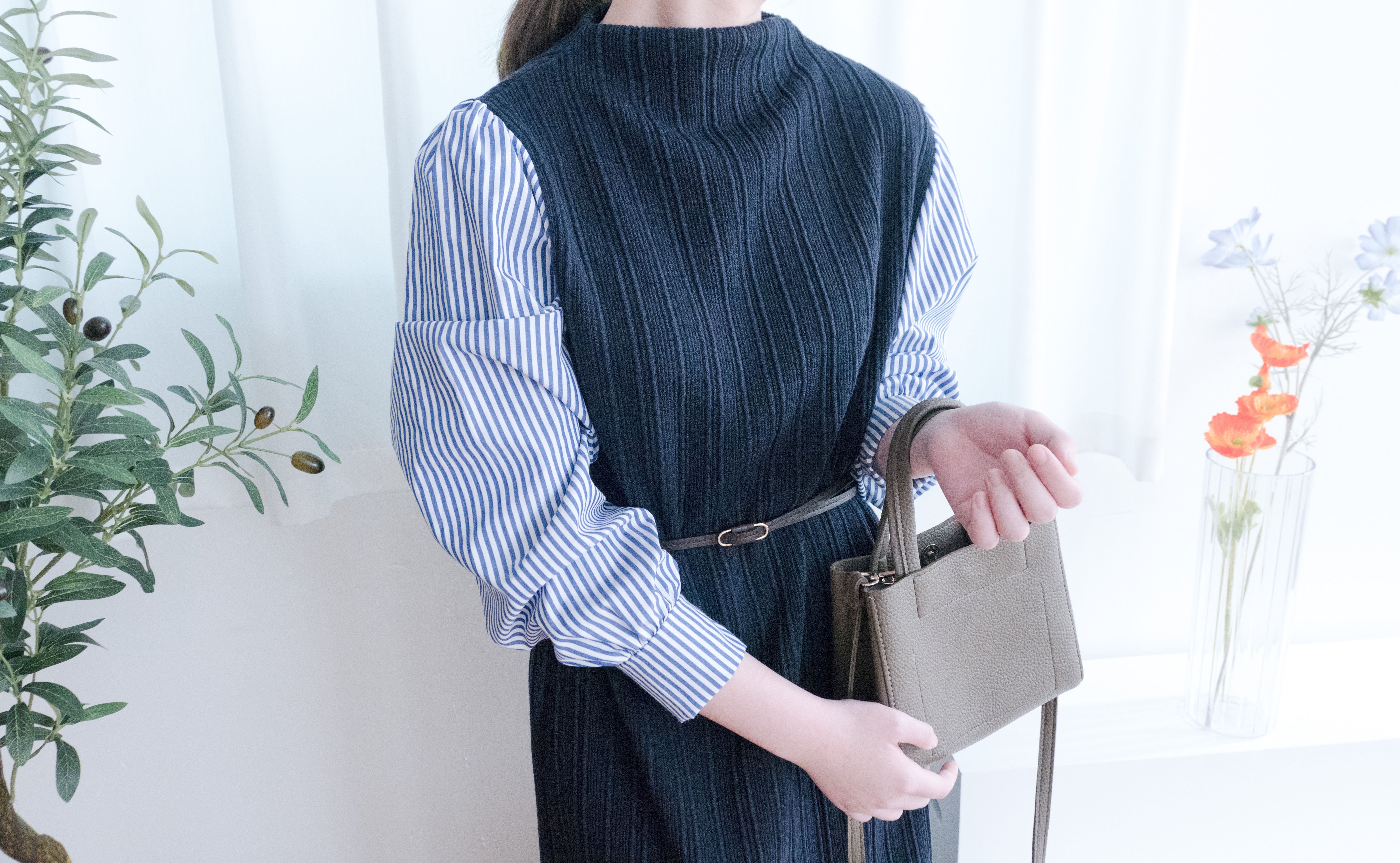 Stripe Shirt 氣質寬鬆小高領背心拼條紋手袖(連腰帶) , Dress/ DS9360