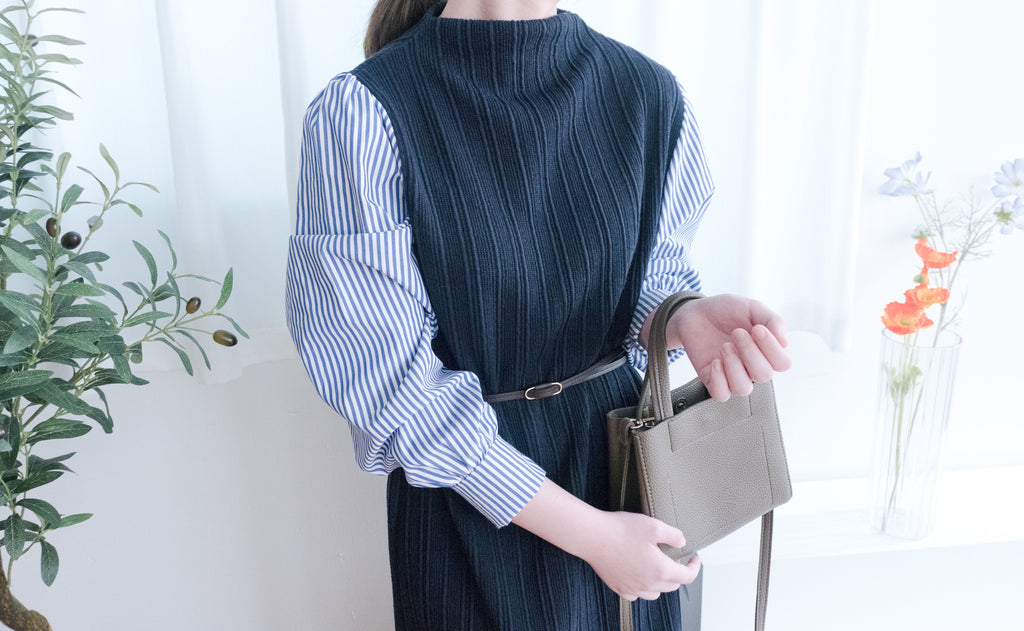 Stripe Shirt 氣質寬鬆小高領背心拼條紋手袖(連腰帶) , Dress/ DS9360