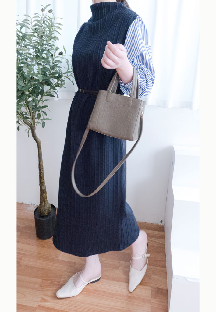 Stripe Shirt 氣質寬鬆小高領背心拼條紋手袖(連腰帶) , Dress/ DS9360