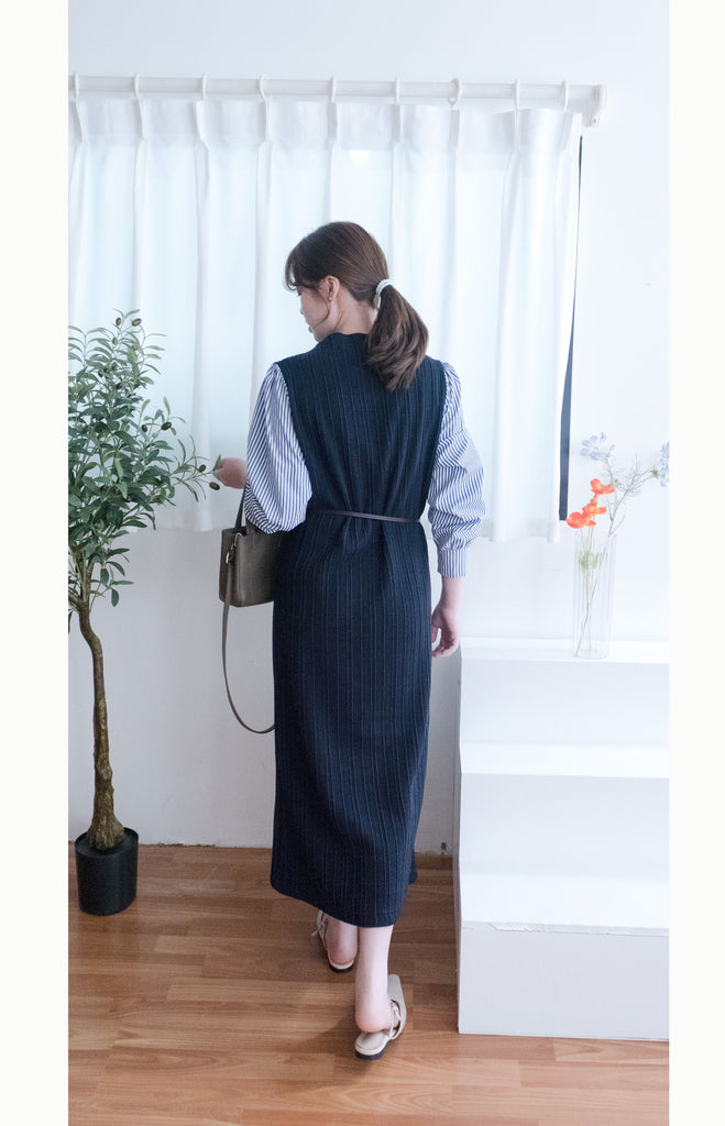 Stripe Shirt 氣質寬鬆小高領背心拼條紋手袖(連腰帶) , Dress/ DS9360