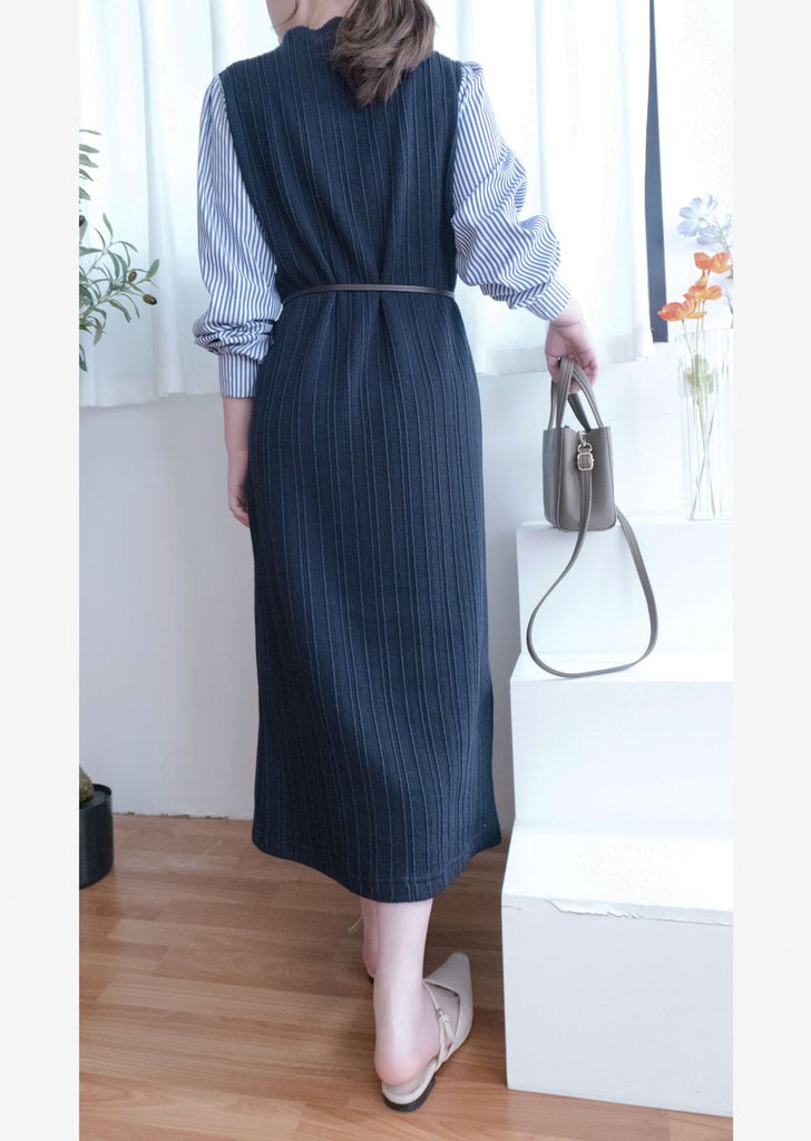 Stripe Shirt 氣質寬鬆小高領背心拼條紋手袖(連腰帶) , Dress/ DS9360
