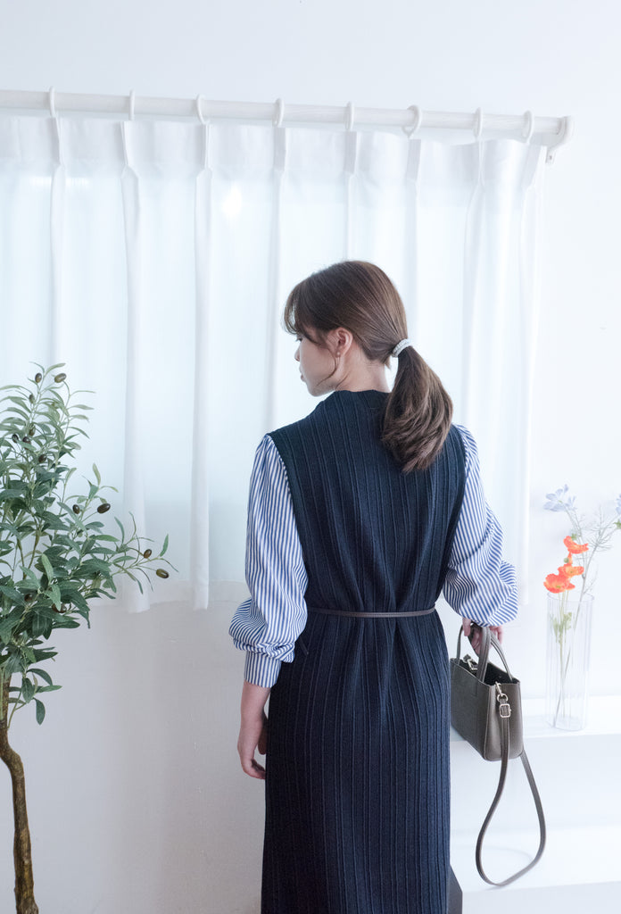 Stripe Shirt 氣質寬鬆小高領背心拼條紋手袖(連腰帶) , Dress/ DS9360