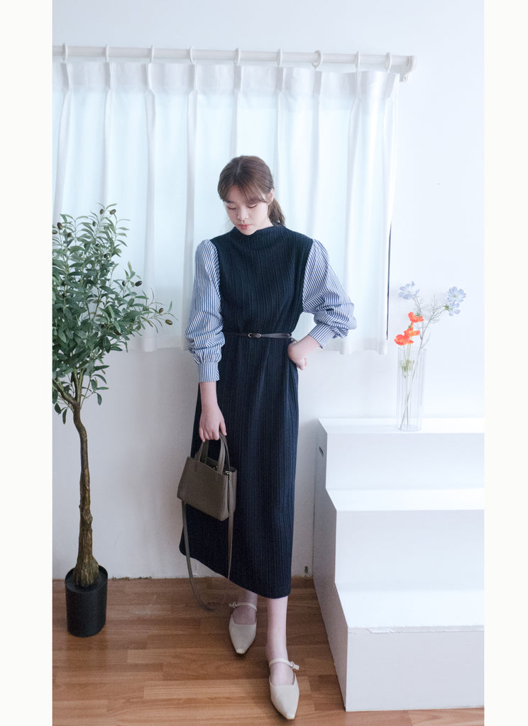 Stripe Shirt 氣質寬鬆小高領背心拼條紋手袖(連腰帶) , Dress/ DS9360