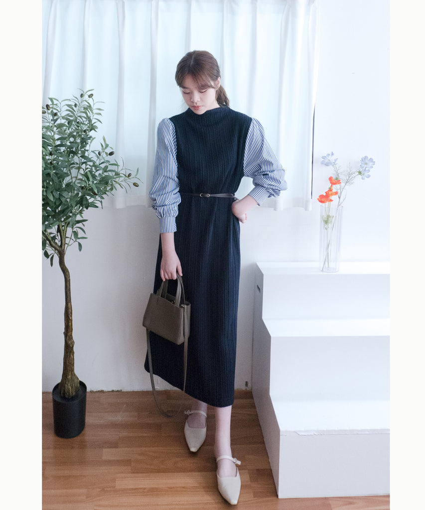 Stripe Shirt 氣質寬鬆小高領背心拼條紋手袖(連腰帶) , Dress/ DS9360