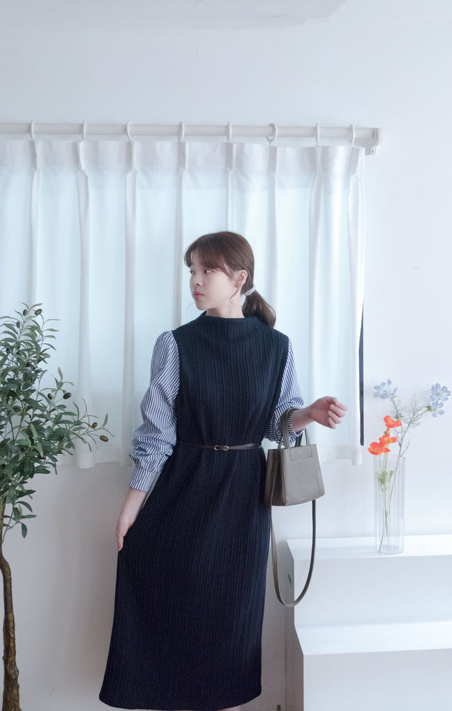 Stripe Shirt 氣質寬鬆小高領背心拼條紋手袖(連腰帶) , Dress/ DS9360
