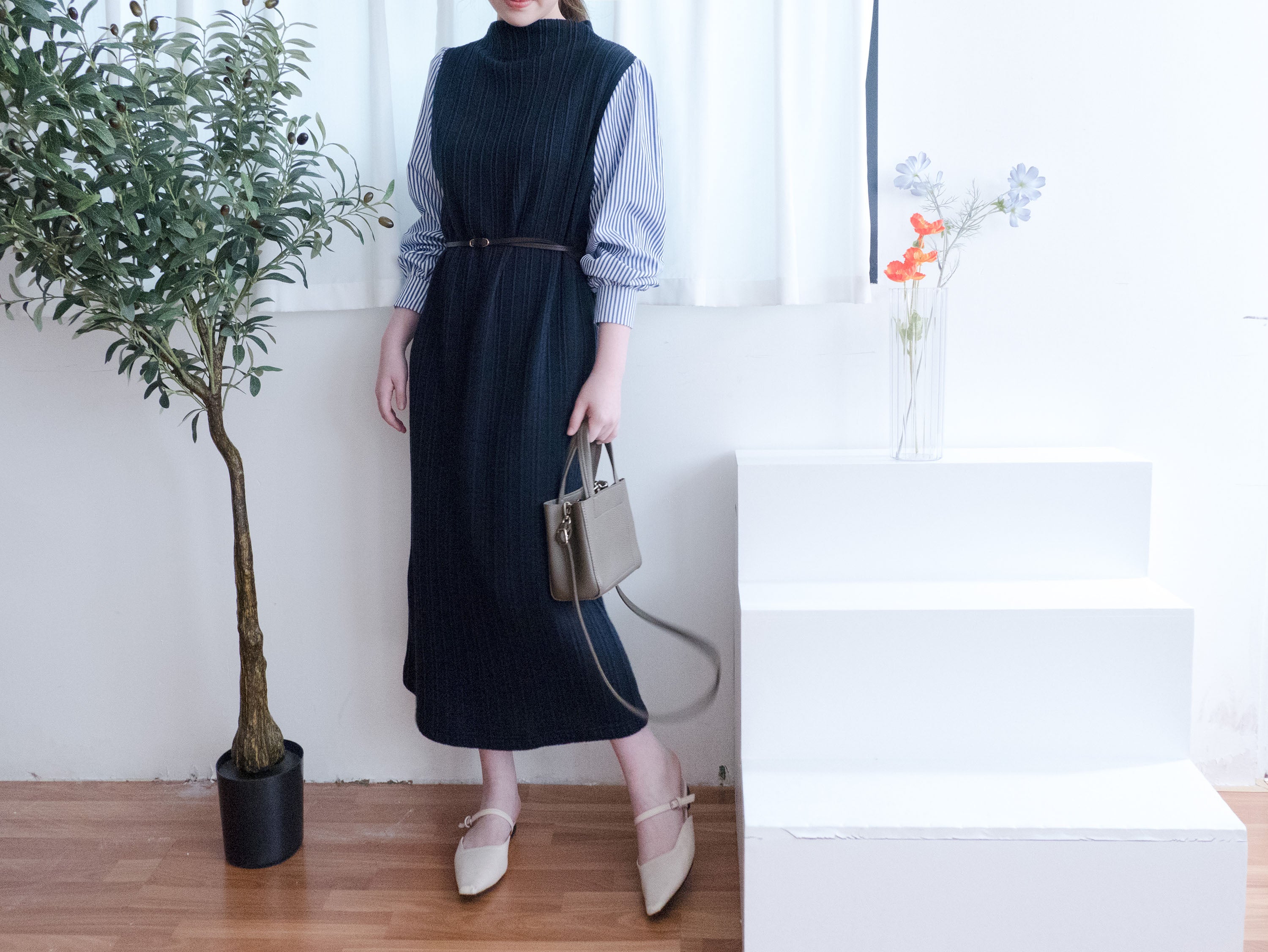 Stripe Shirt 氣質寬鬆小高領背心拼條紋手袖(連腰帶) , Dress/ DS9360