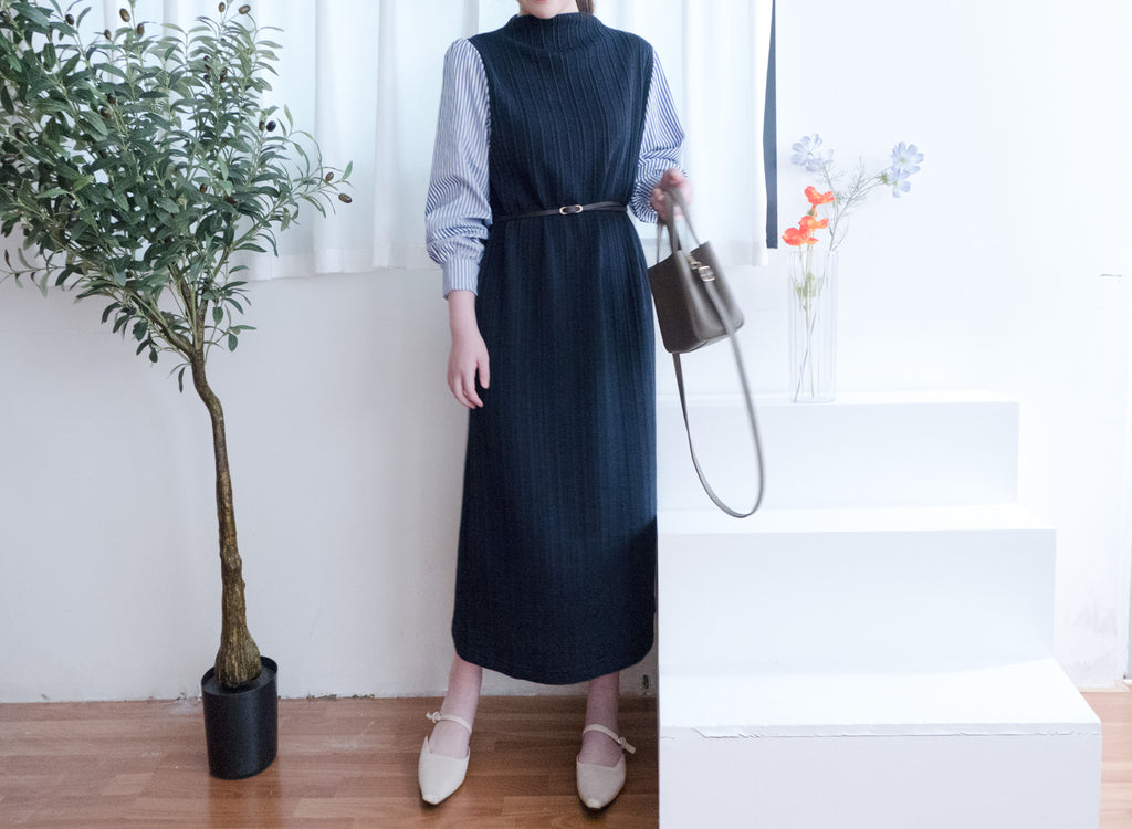 Stripe Shirt 氣質寬鬆小高領背心拼條紋手袖(連腰帶) , Dress/ DS9360