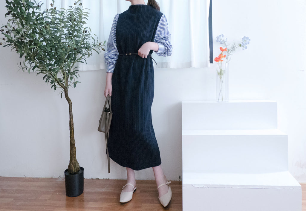 Stripe Shirt 氣質寬鬆小高領背心拼條紋手袖(連腰帶) , Dress/ DS9360