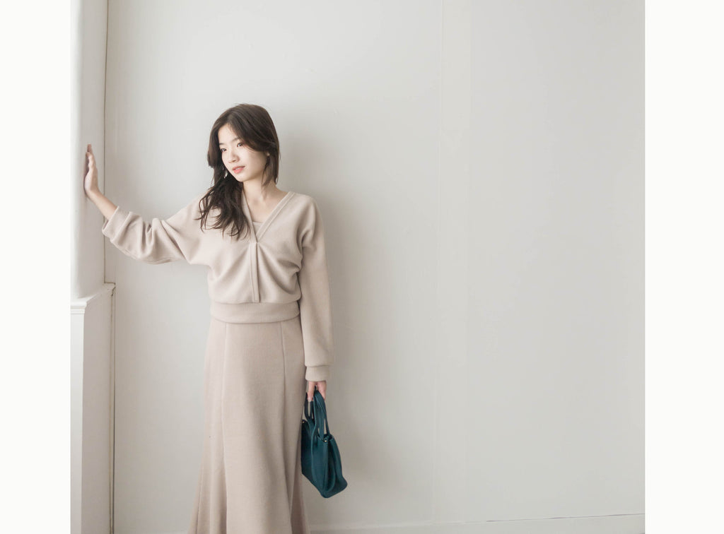 Beige Fishtail 杏色層次前後兩著彈性套裝, Dress/ DS9358