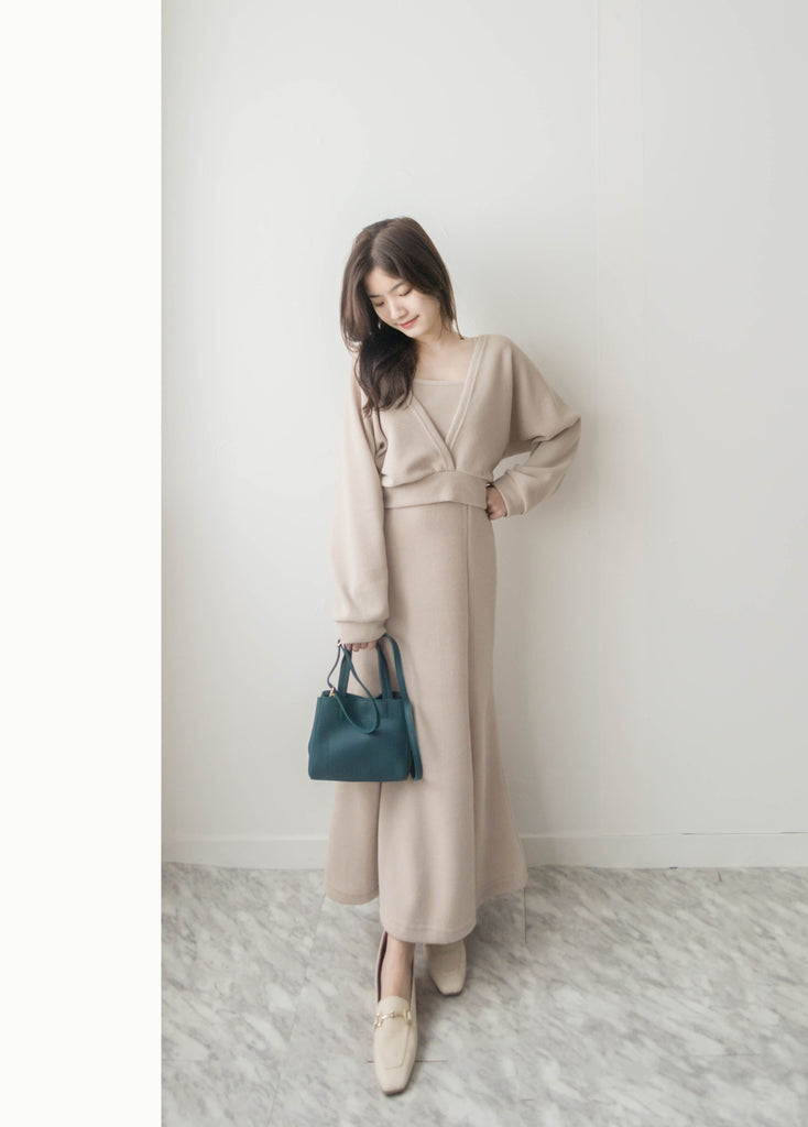 Beige Fishtail 杏色層次前後兩著彈性套裝, Dress/ DS9358