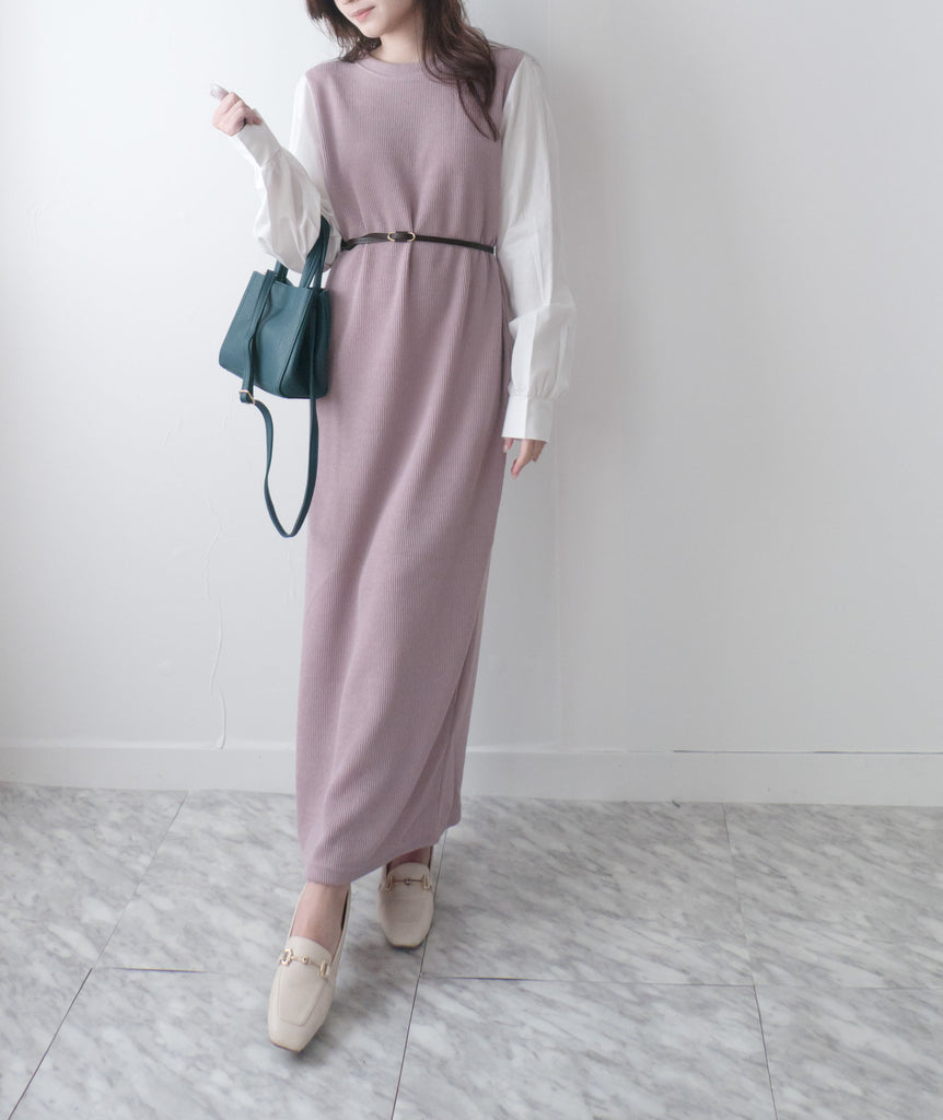 Lady Shirt 粉色假兩件恤衫手袖(連腰帶黑或啡隨機), Dress/ DS9359