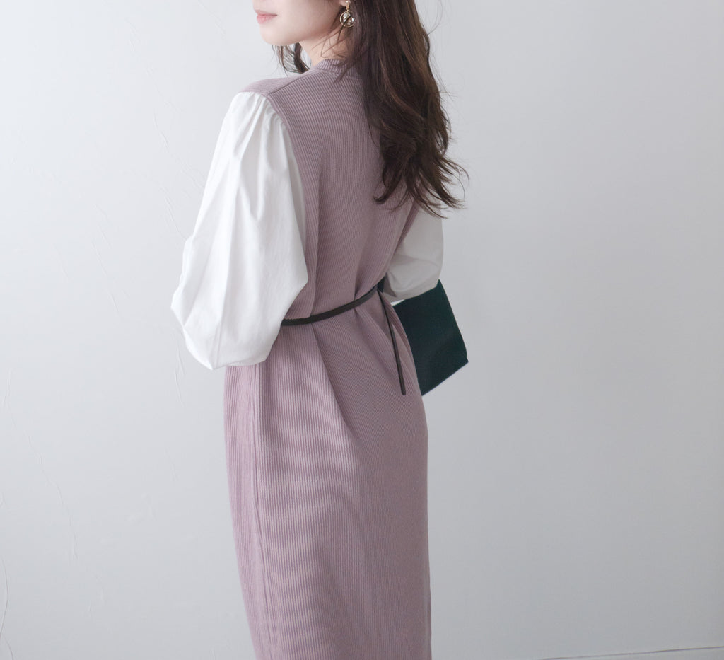 Lady Shirt 粉色假兩件恤衫手袖(連腰帶黑或啡隨機), Dress/ DS9359