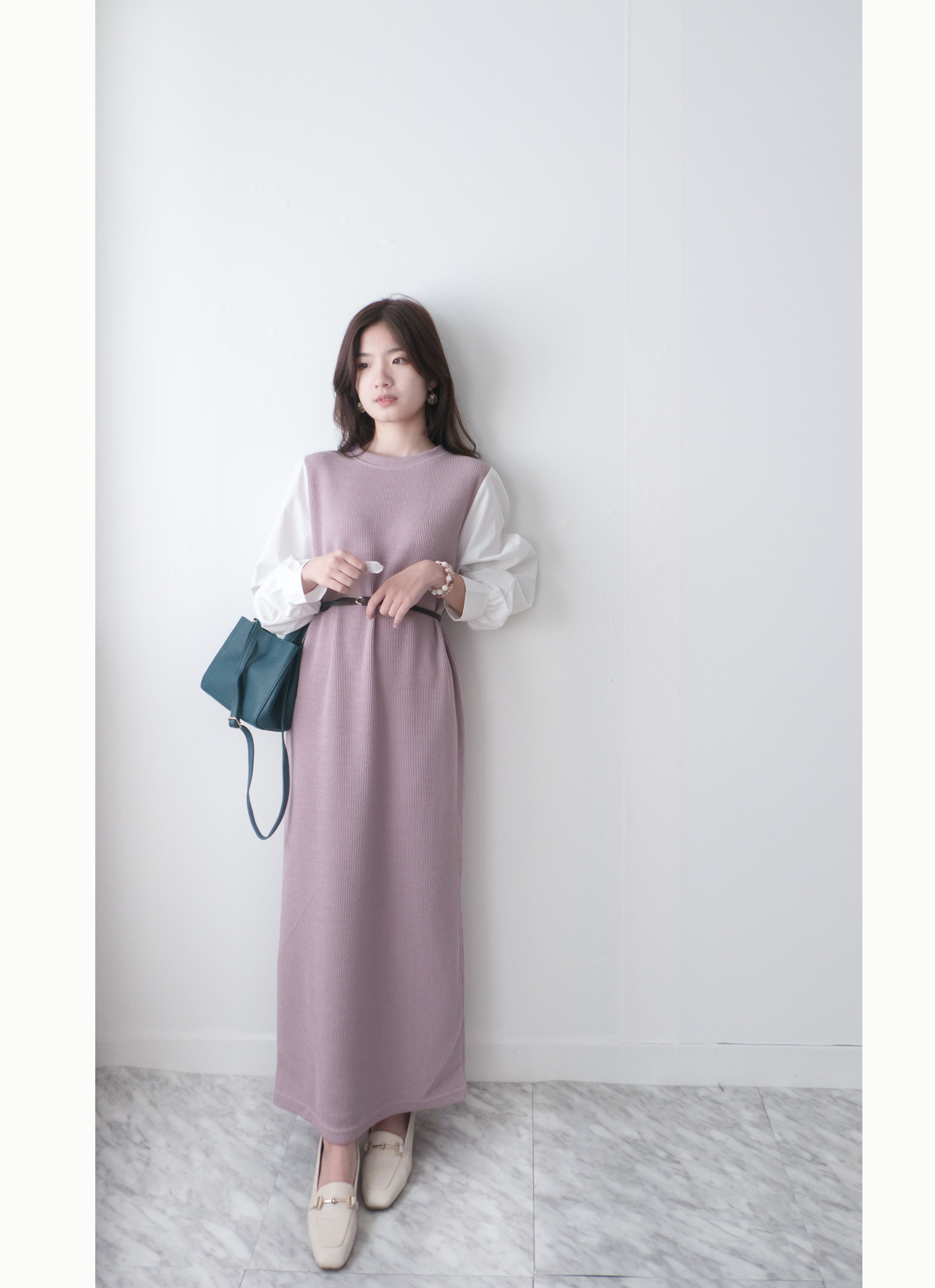 Lady Shirt 粉色假兩件恤衫手袖(連腰帶黑或啡隨機), Dress/ DS9359