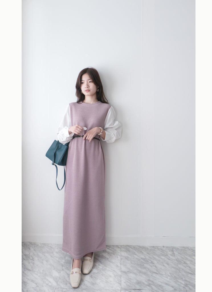 Lady Shirt 粉色假兩件恤衫手袖(連腰帶黑或啡隨機), Dress/ DS9359