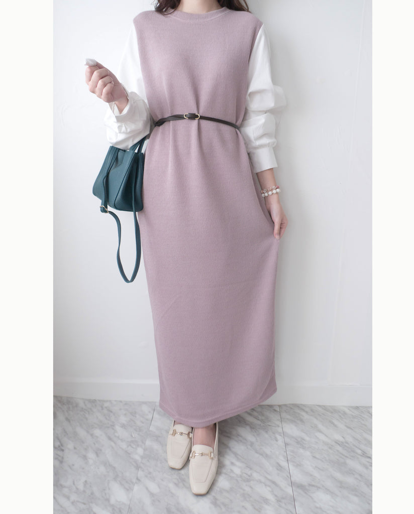 Lady Shirt 粉色假兩件恤衫手袖(連腰帶黑或啡隨機), Dress/ DS9359