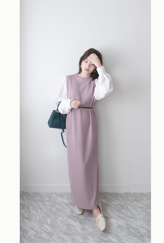 Lady Shirt 粉色假兩件恤衫手袖(連腰帶黑或啡隨機), Dress/ DS9359