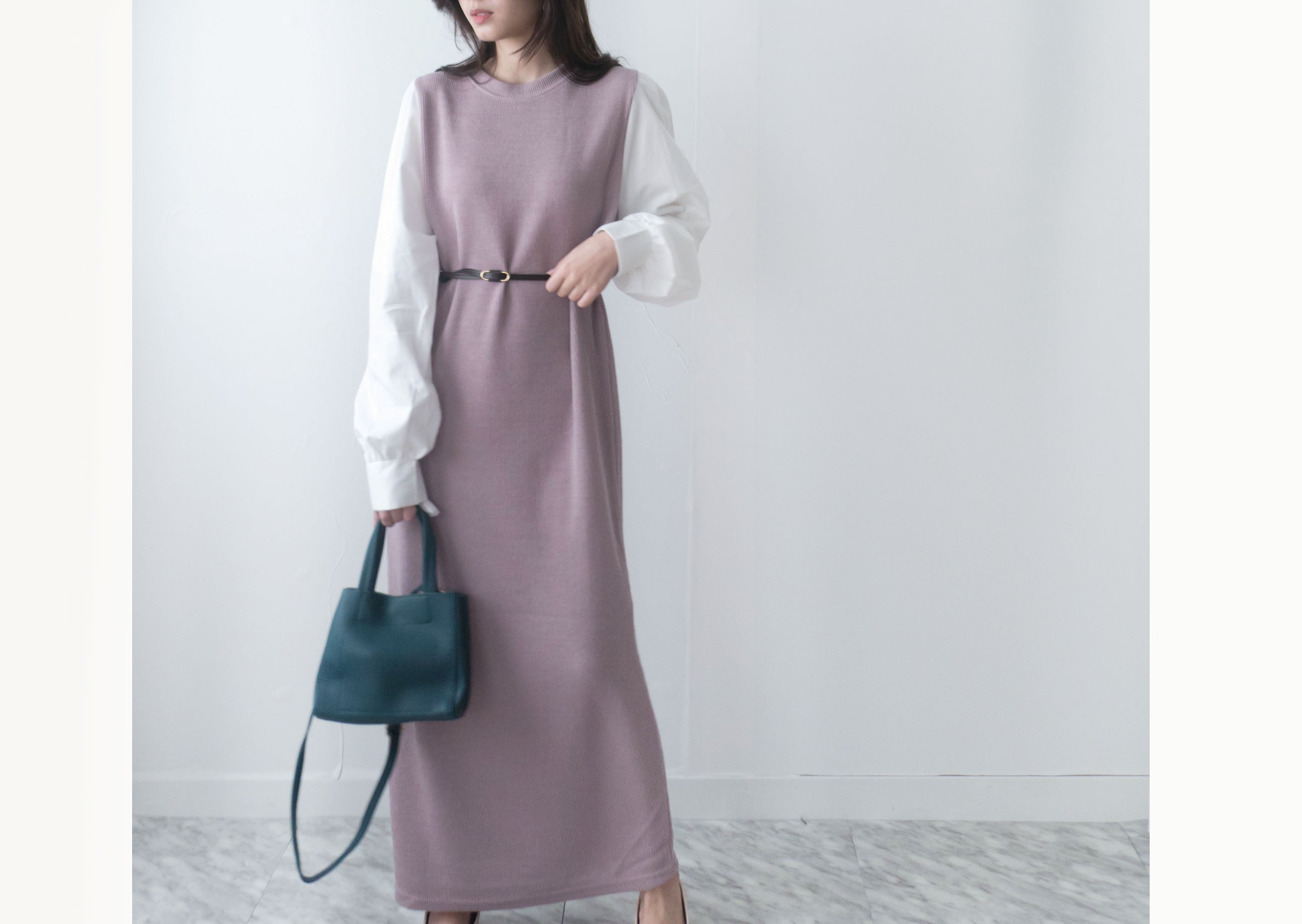 Lady Shirt 粉色假兩件恤衫手袖(連腰帶黑或啡隨機), Dress/ DS9359