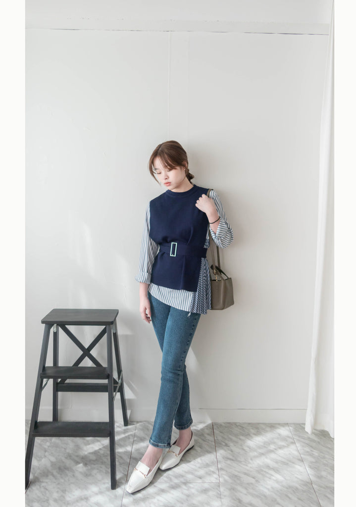 Stripe Cardigan 多重著法側百褶連腰帶背心兩件套, Set/ TP8915