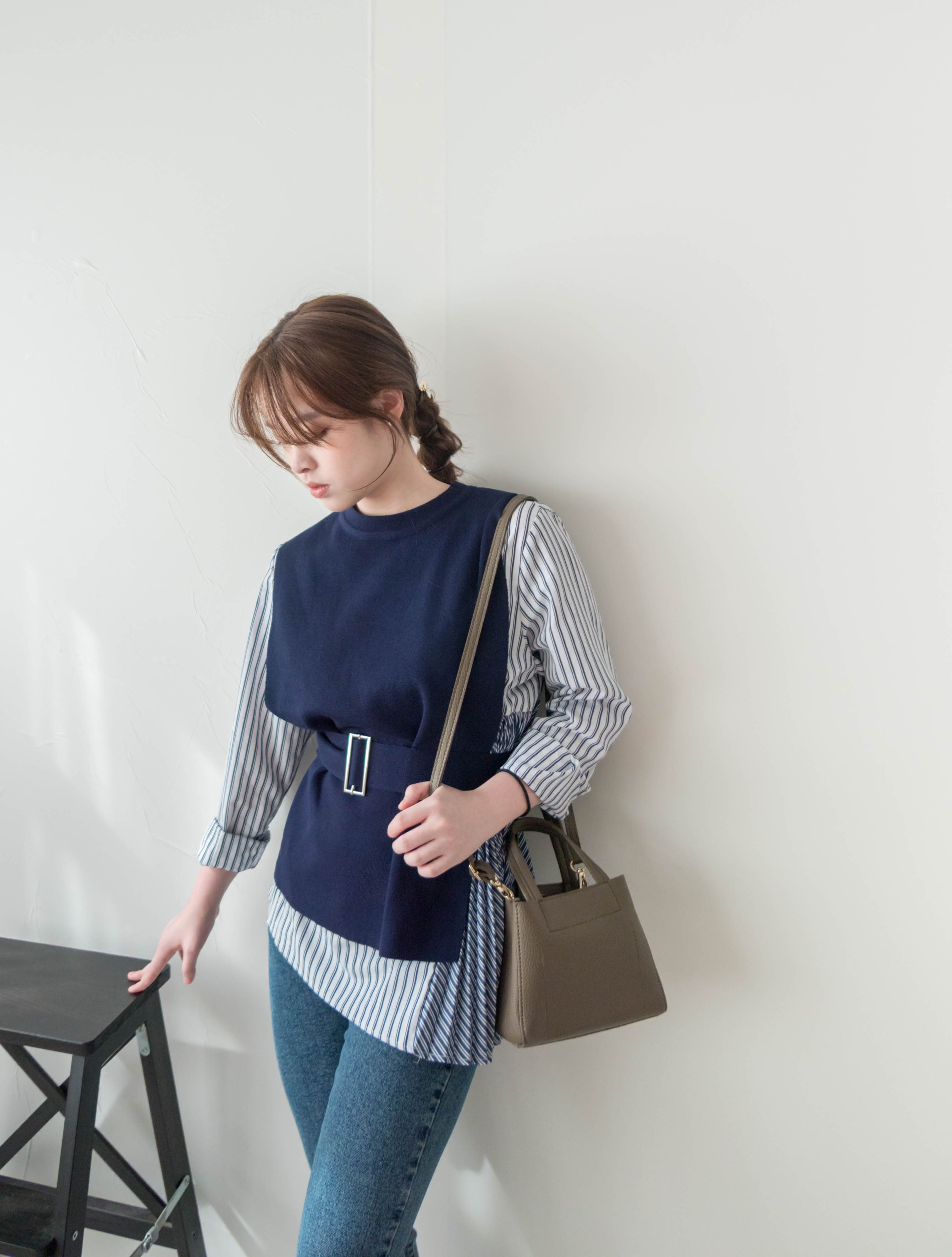Stripe Cardigan 多重著法側百褶連腰帶背心兩件套, Set/ TP8915