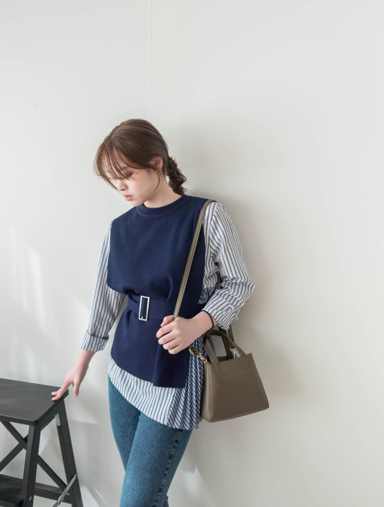 Stripe Cardigan 多重著法側百褶連腰帶背心兩件套, Set/ TP8915