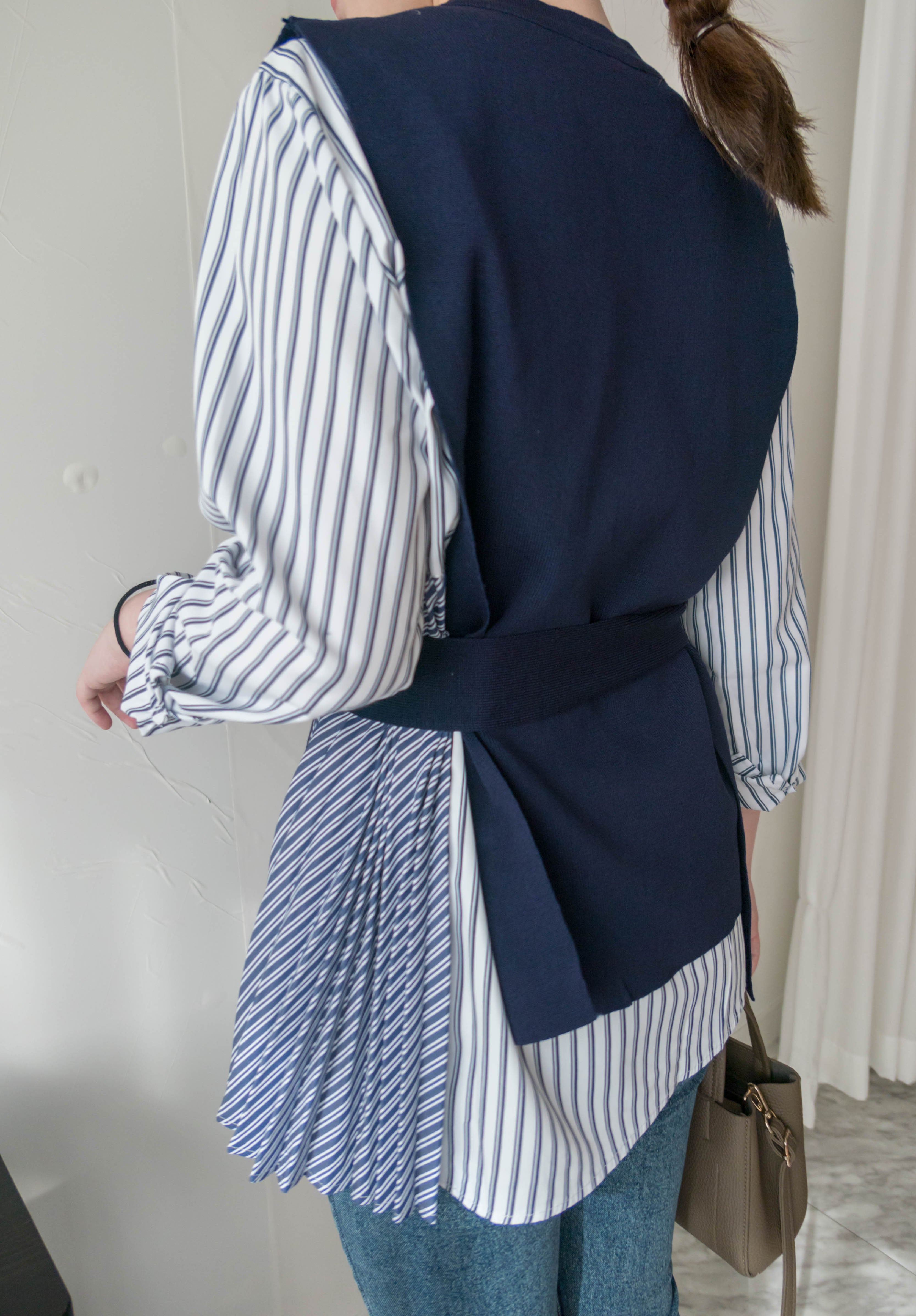 Stripe Cardigan 多重著法側百褶連腰帶背心兩件套, Set/ TP8915