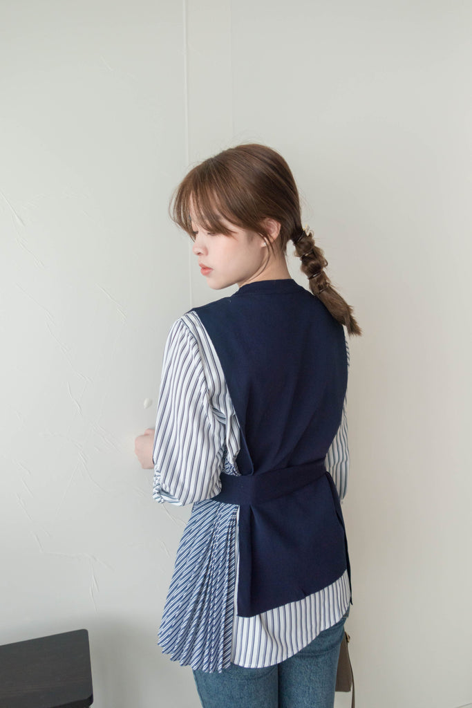 Stripe Cardigan 多重著法側百褶連腰帶背心兩件套, Set/ TP8915