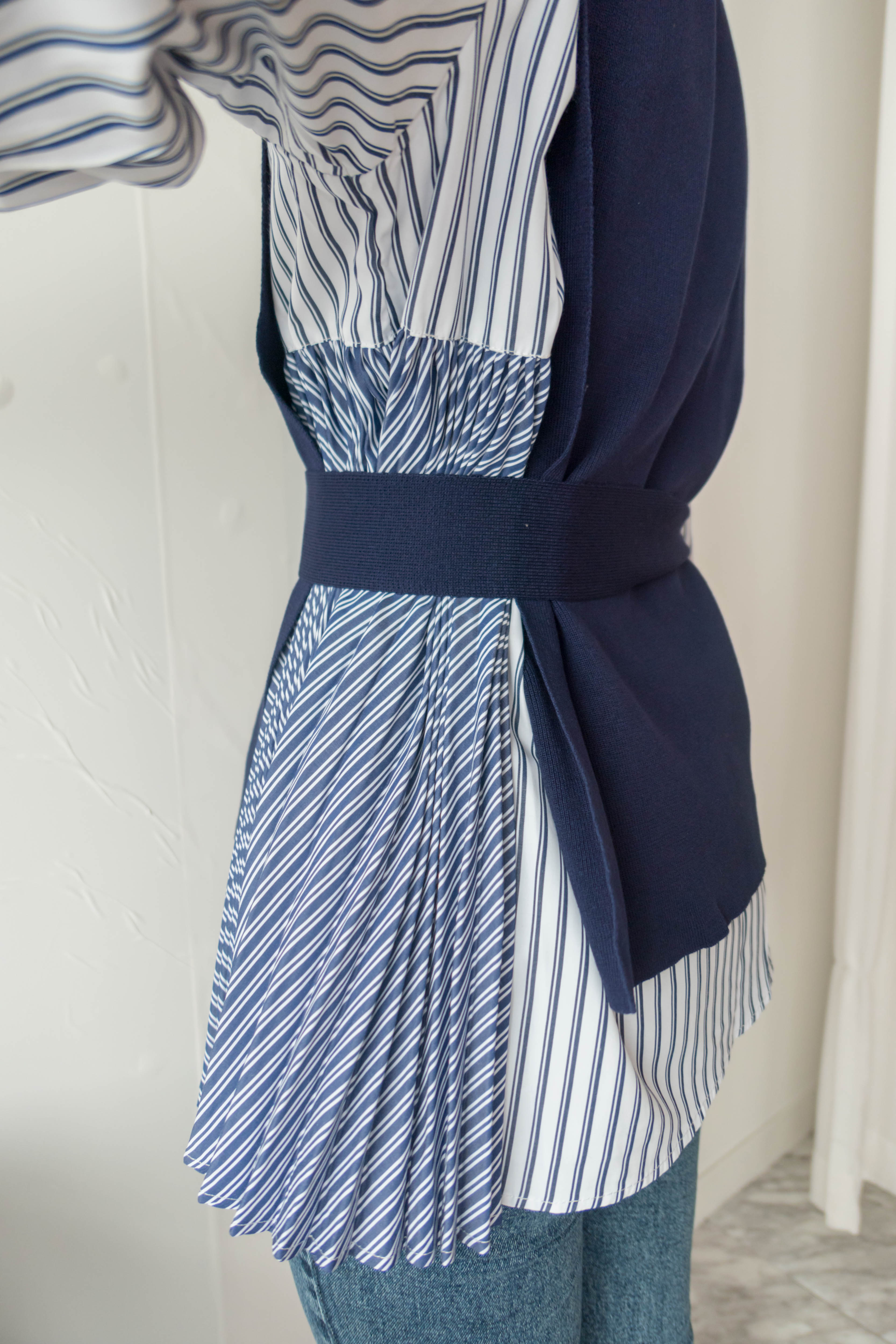 Stripe Cardigan 多重著法側百褶連腰帶背心兩件套, Set/ TP8915