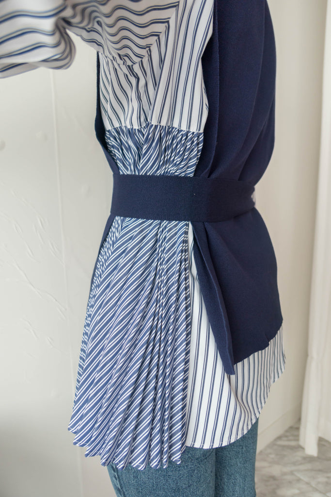 Stripe Cardigan 多重著法側百褶連腰帶背心兩件套, Set/ TP8915