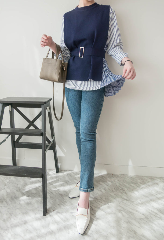 Stripe Cardigan 多重著法側百褶連腰帶背心兩件套, Set/ TP8915