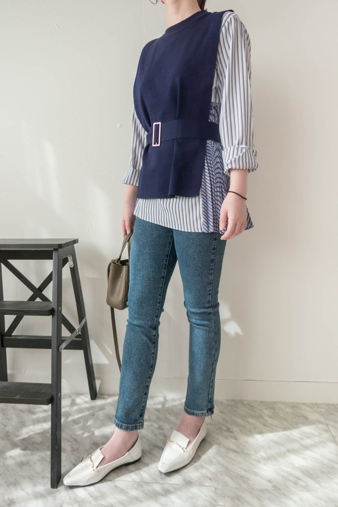 Stripe Cardigan 多重著法側百褶連腰帶背心兩件套, Set/ TP8915
