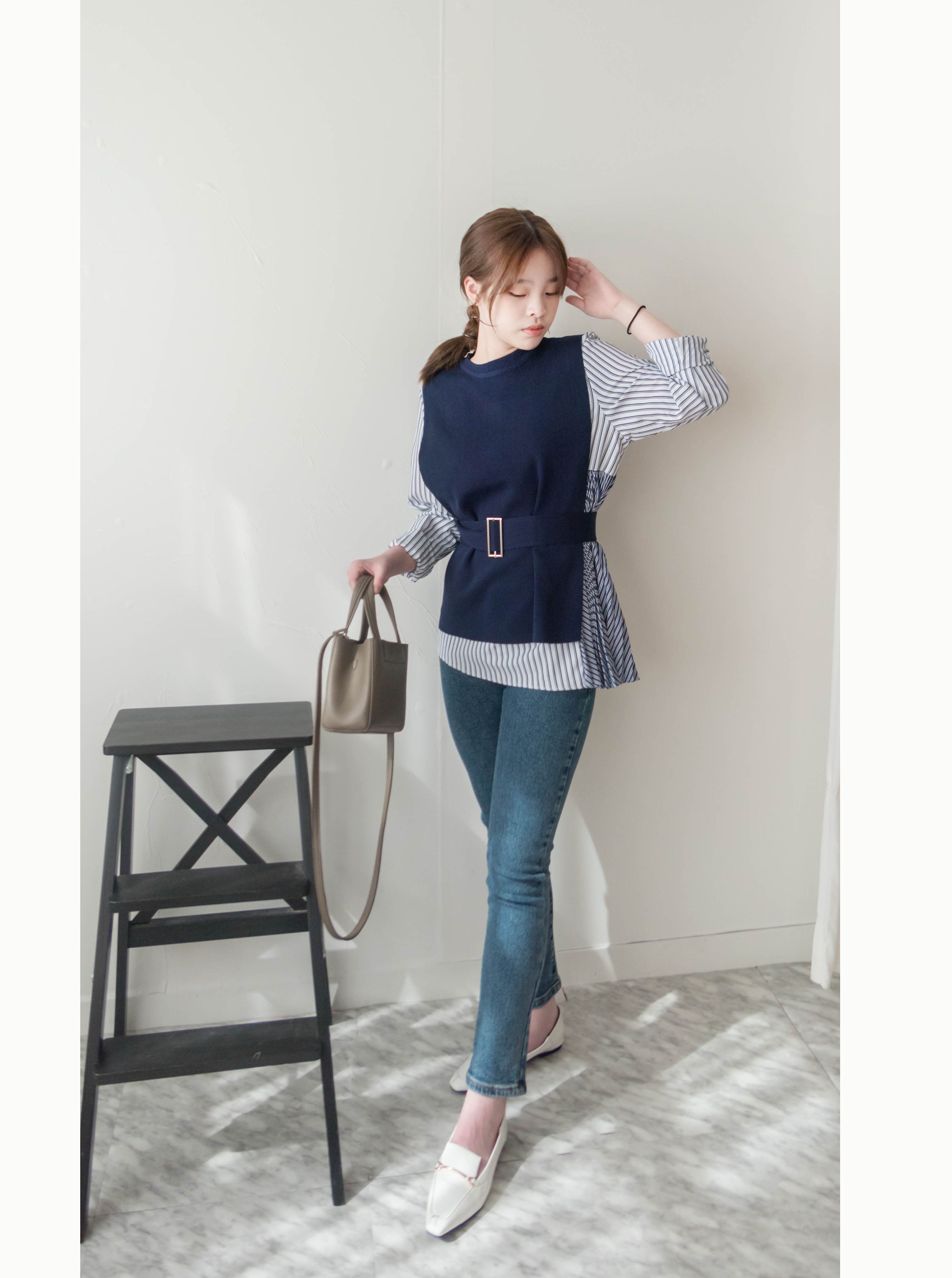 Stripe Cardigan 多重著法側百褶連腰帶背心兩件套, Set/ TP8915