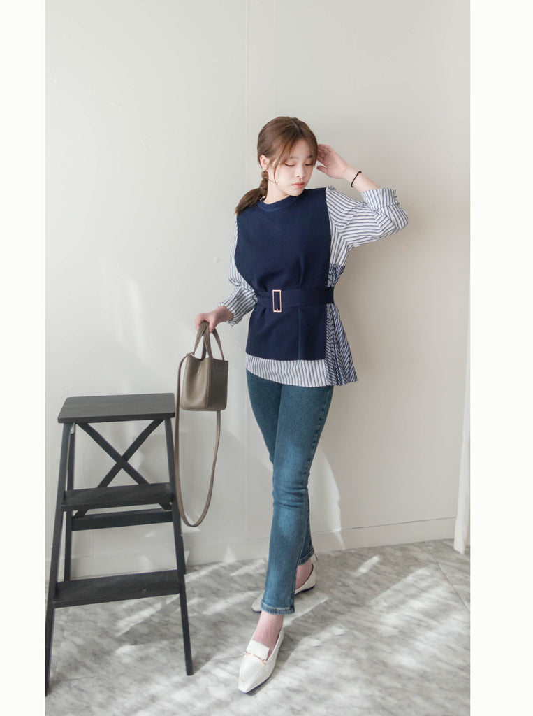 Stripe Cardigan 多重著法側百褶連腰帶背心兩件套, Set/ TP8915