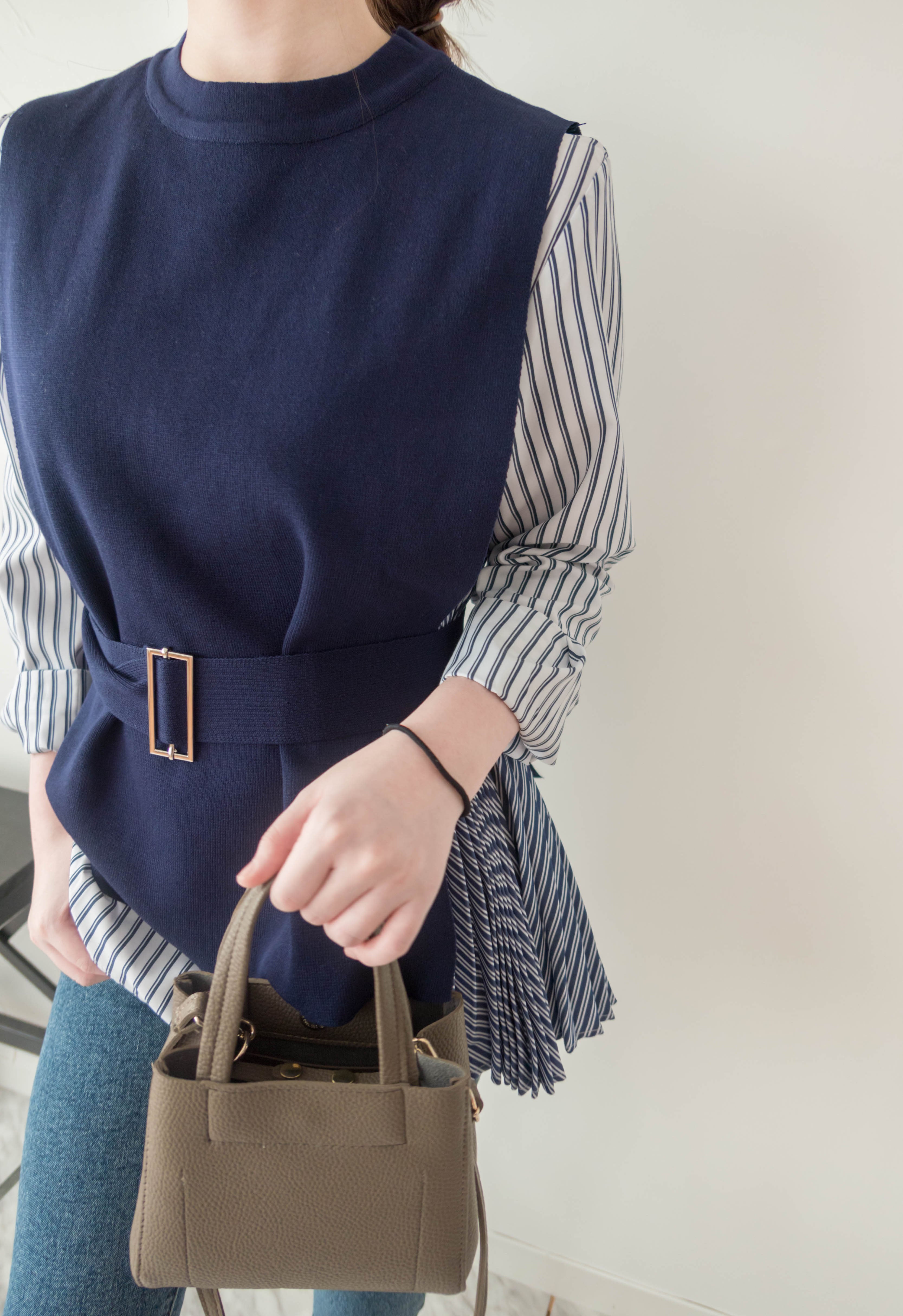 Stripe Cardigan 多重著法側百褶連腰帶背心兩件套, Set/ TP8915