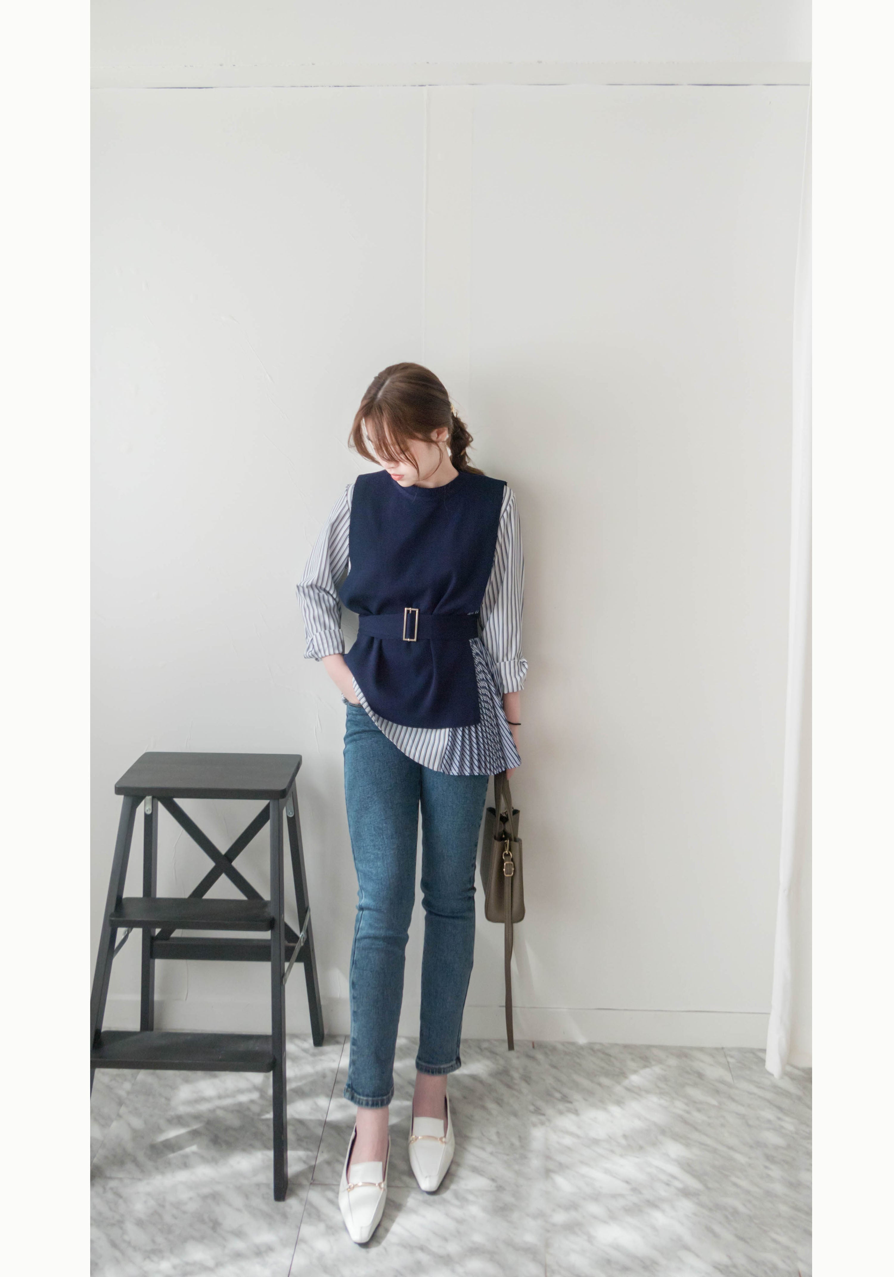 Stripe Cardigan 多重著法側百褶連腰帶背心兩件套, Set/ TP8915