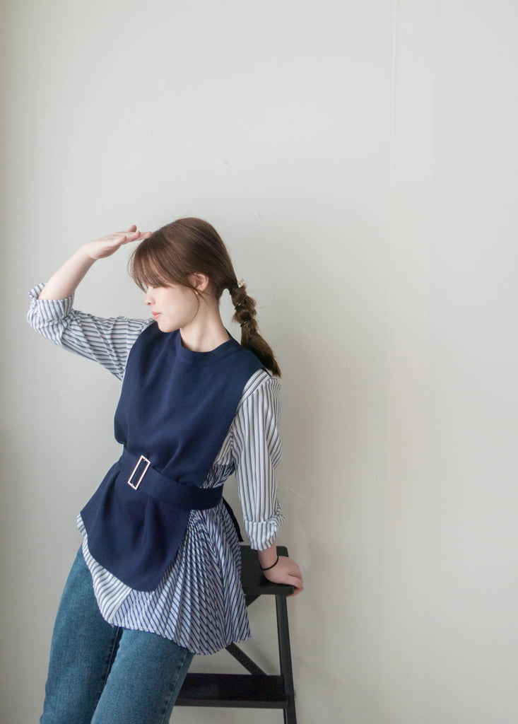 Stripe Cardigan 多重著法側百褶連腰帶背心兩件套, Set/ TP8915