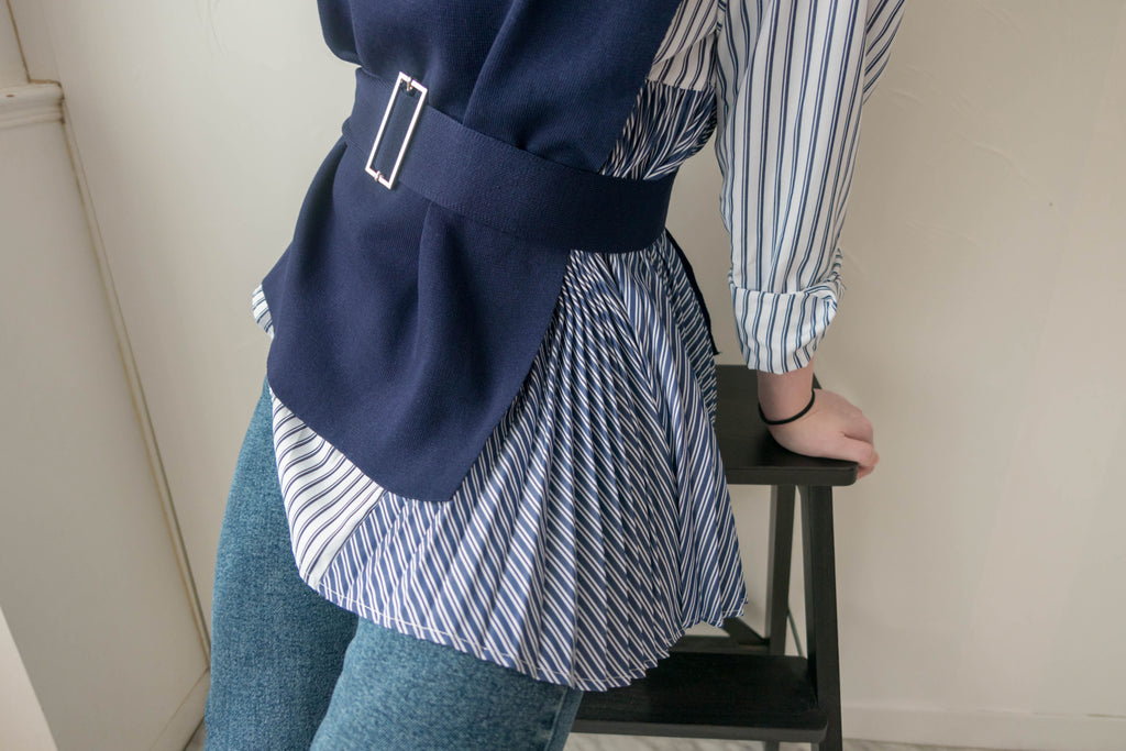 Stripe Cardigan 多重著法側百褶連腰帶背心兩件套, Set/ TP8915